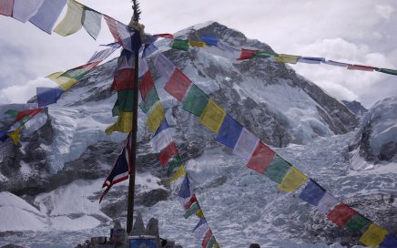 View of Everest from Base Camp with Prayer Flags