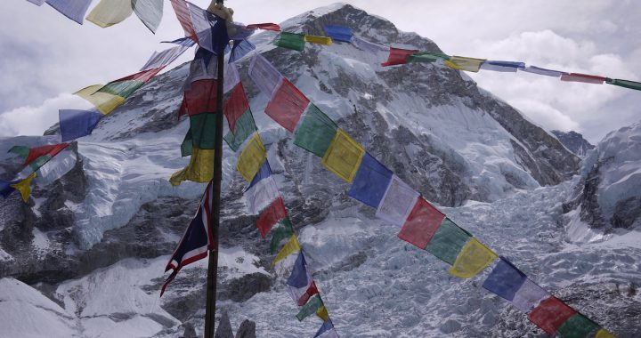 View of Everest from Base Camp with Prayer Flags